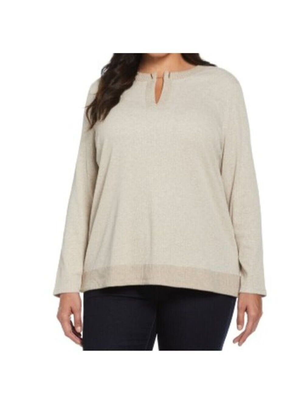 Rafaella Women's Long-Sleeve V-Neck Top Oatmeal Heather Size XXL